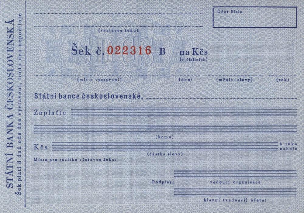 Soukromý šek Státní banka československá SBČS, série B, 1950-1959